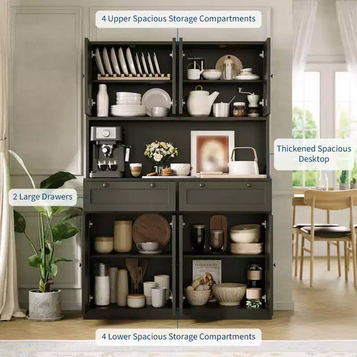 Dispensa da Cucina 71, Credenza da Cucina Autoportante con 2 Cassetti e Supporto per Microonde, Mobile Bar da Caffè in Legno per Soggiorno e Cucina