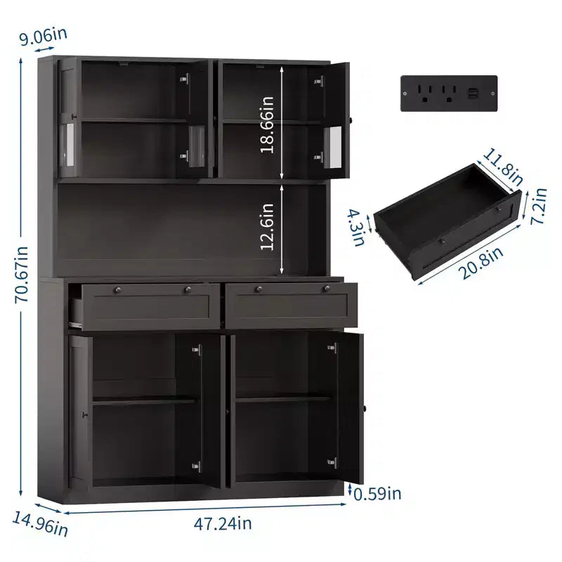 Dispensa da Cucina 71, Credenza da Cucina Autoportante con 2 Cassetti e Supporto per Microonde, Mobile Bar da Caffè in Legno per Soggiorno e Cucina
