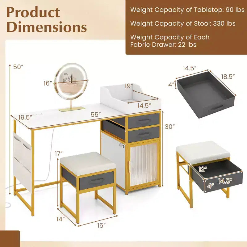 Toeletta con specchio illuminato girevole, tavolo da trucco da 55'' con organizer