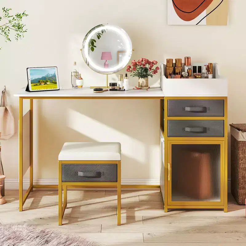 Toeletta con specchio illuminato girevole, tavolo da trucco da 55'' con organizer