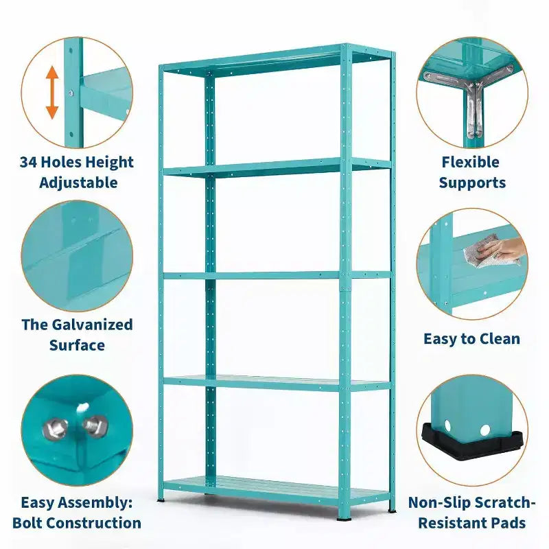 Scaffale in metallo resistente a 5 ripiani - Unità di scaffalatura in acciaio regolabile per garage, cucina - Scaffale multiuso industriale 173A x 89L x 30P cm - Verde chiaro