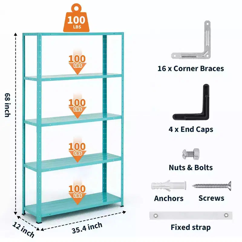 Scaffale in metallo resistente a 5 ripiani - Unità di scaffalatura in acciaio regolabile per garage, cucina - Scaffale multiuso industriale 173A x 89L x 30P cm - Verde chiaro