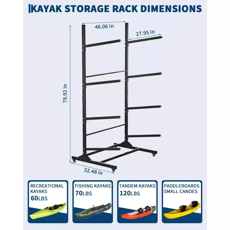 Porta kayak per impieghi gravosi per 4 kayak, rastrelliera autoportante a 4 strati con ruote e cinghie di sospensione