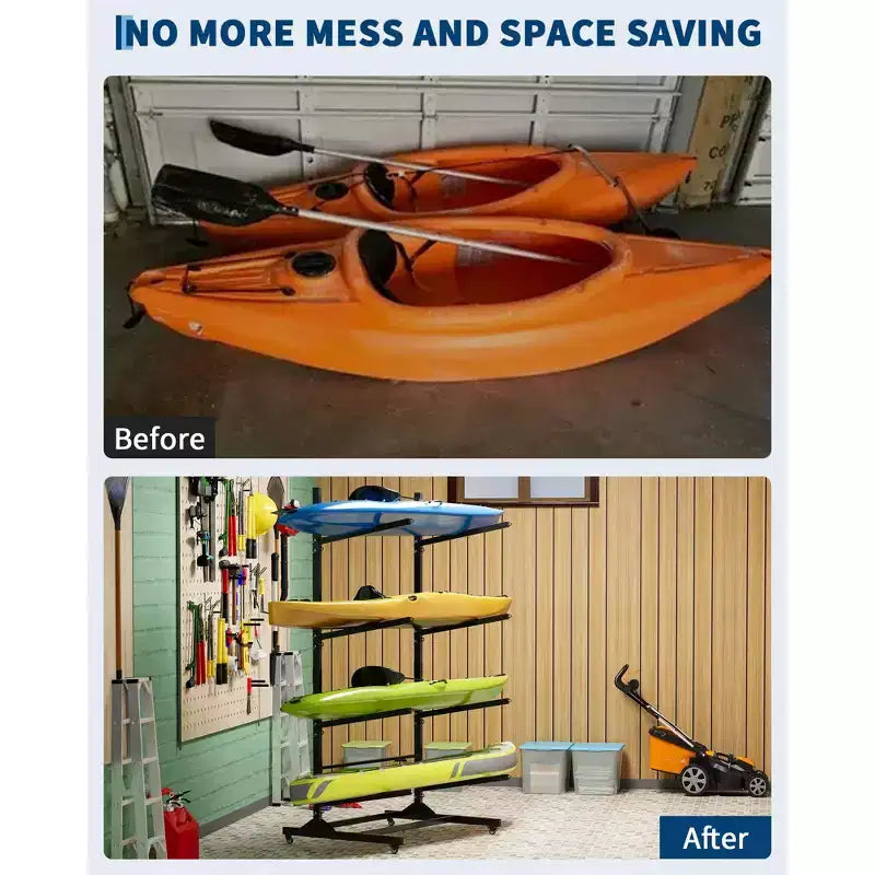 Porta kayak per impieghi gravosi per 4 kayak, rastrelliera autoportante a 4 strati con ruote e cinghie di sospensione