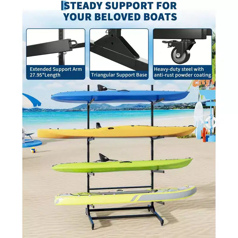 Porta kayak per impieghi gravosi per 4 kayak, rastrelliera autoportante a 4 strati con ruote e cinghie di sospensione