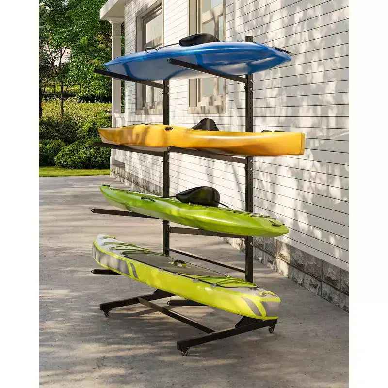 Porta kayak per impieghi gravosi per 4 kayak, rastrelliera autoportante a 4 strati con ruote e cinghie di sospensione
