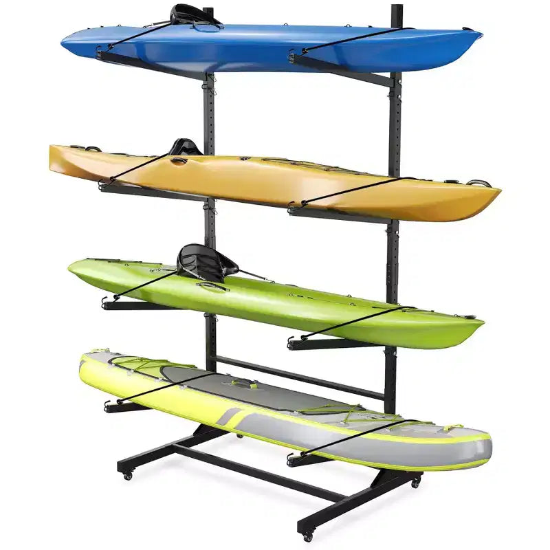 Porta kayak per impieghi gravosi per 4 kayak, rastrelliera autoportante a 4 strati con ruote e cinghie di sospensione