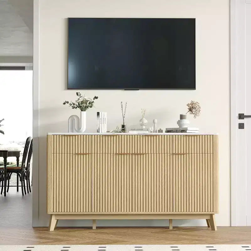 Credenza/Mobile Buffet Scanalato con 3 Cassetti e Ripiani Regolabili, Mobile Contenitore Moderno Porta TV Largo 152 cm per Soggiorno