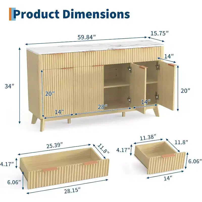 Credenza/Mobile Buffet Scanalato con 3 Cassetti e Ripiani Regolabili, Mobile Contenitore Moderno Porta TV Largo 152 cm per Soggiorno