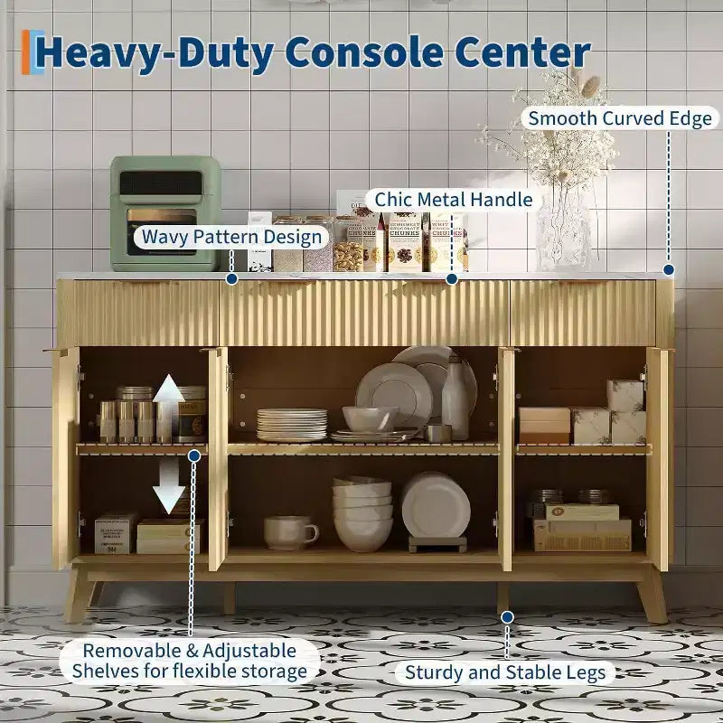 Credenza/Mobile Buffet Scanalato con 3 Cassetti e Ripiani Regolabili, Mobile Contenitore Moderno Porta TV Largo 152 cm per Soggiorno