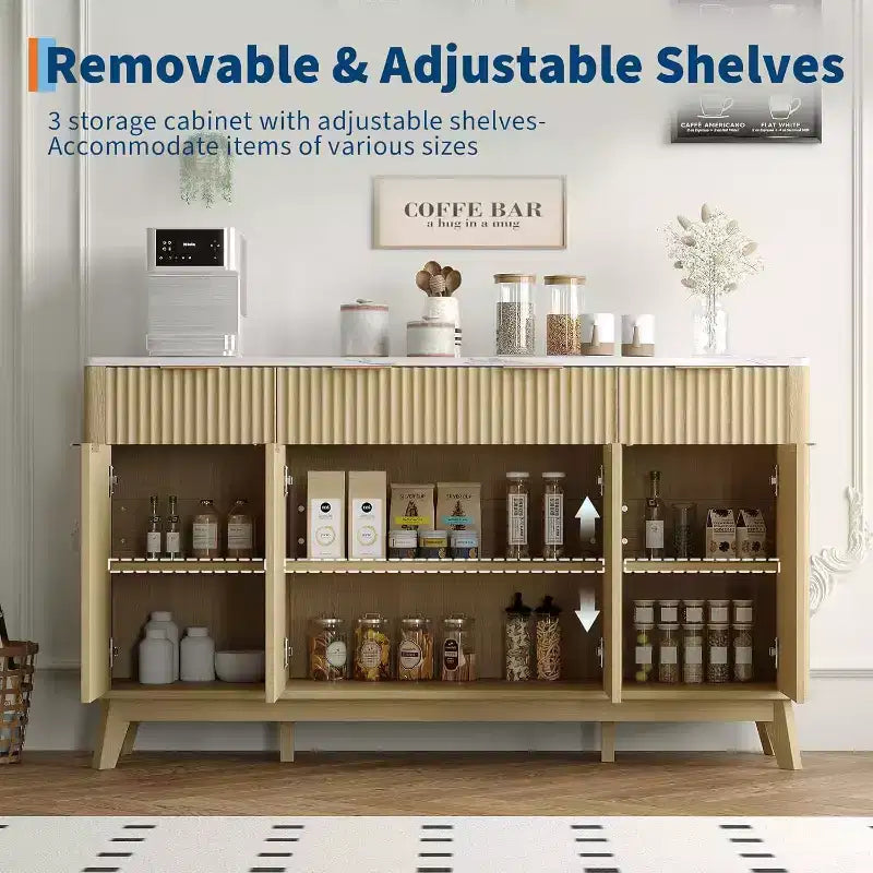 Credenza/Mobile Buffet Scanalato con 3 Cassetti e Ripiani Regolabili, Mobile Contenitore Moderno Porta TV Largo 152 cm per Soggiorno