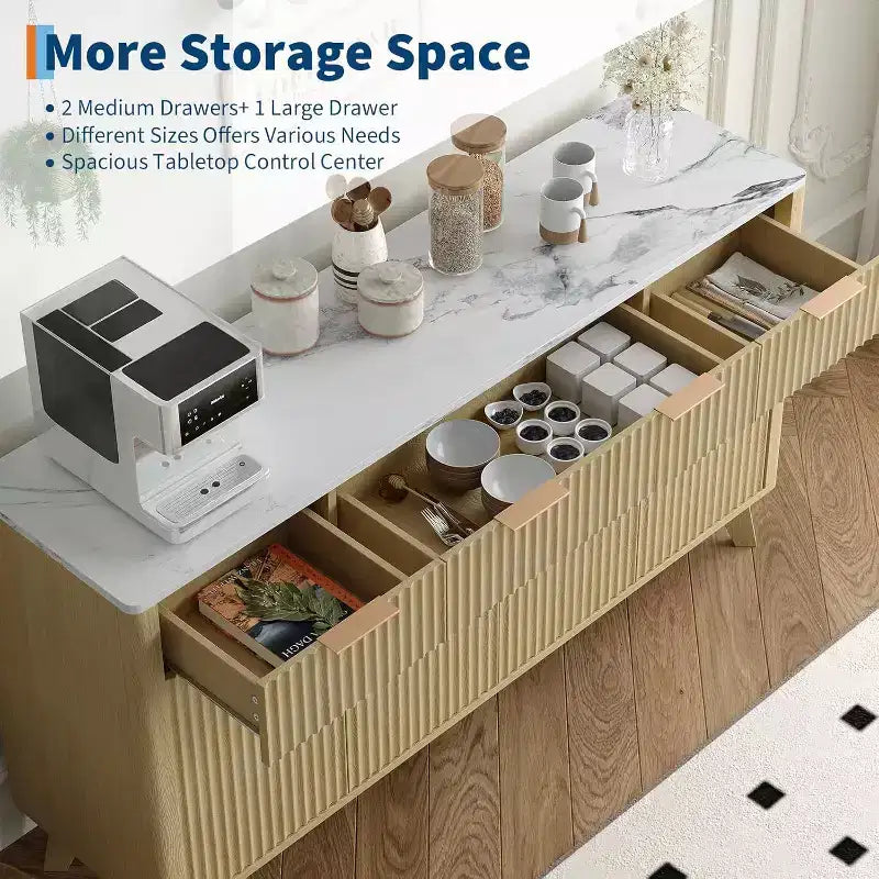 Credenza/Mobile Buffet Scanalato con 3 Cassetti e Ripiani Regolabili, Mobile Contenitore Moderno Porta TV Largo 152 cm per Soggiorno