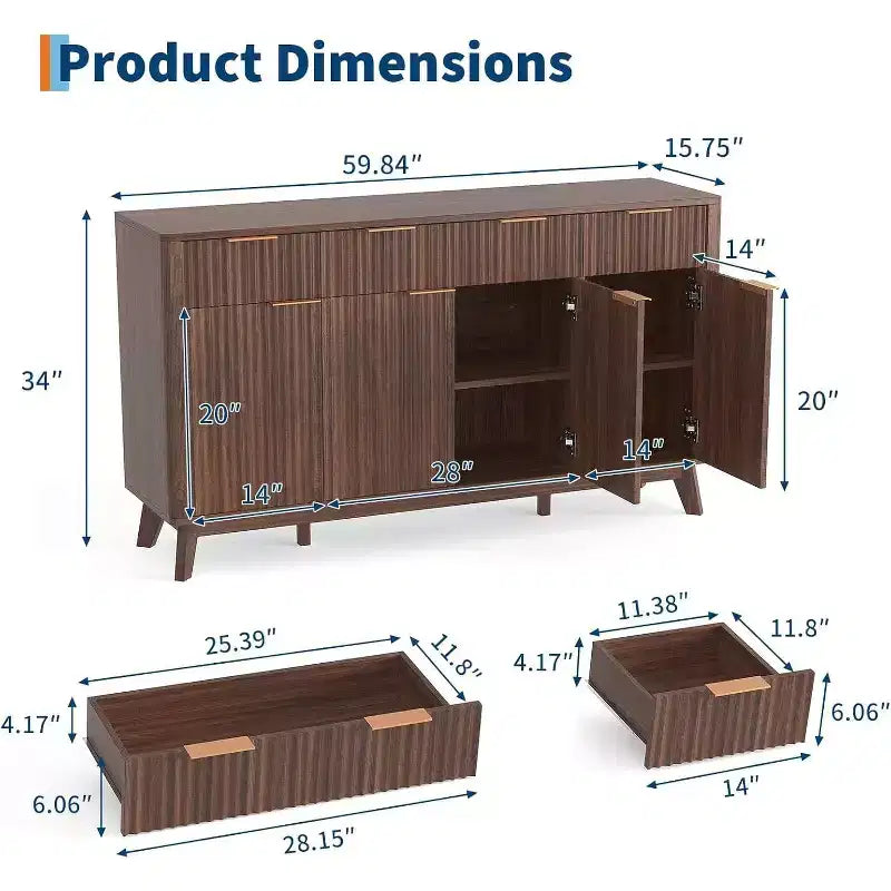 Credenza/Mobile Buffet Scanalato con 3 Cassetti e Ripiani Regolabili, Mobile Contenitore Moderno Porta TV Largo 152 cm per Soggiorno