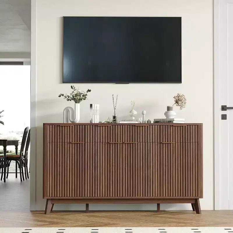 Credenza/Mobile Buffet Scanalato con 3 Cassetti e Ripiani Regolabili, Mobile Contenitore Moderno Porta TV Largo 152 cm per Soggiorno