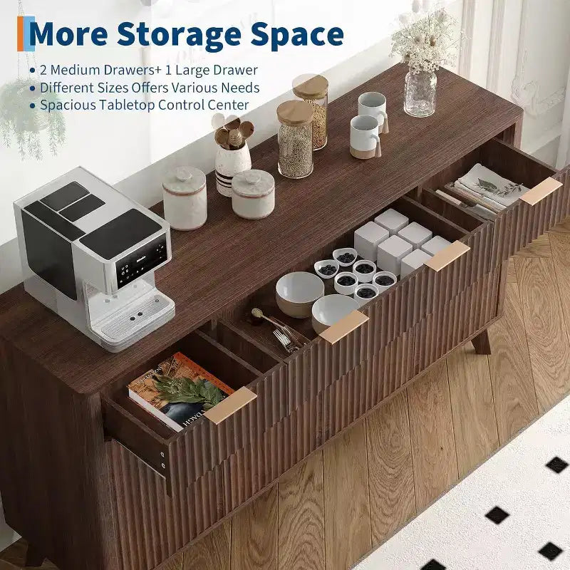 Fluted Sideboard Buffet Cabinet with 3 Storage Drawers & Adjustable Shelves,storage Cabinet Modern 60in Wide TV Stand for Living Room