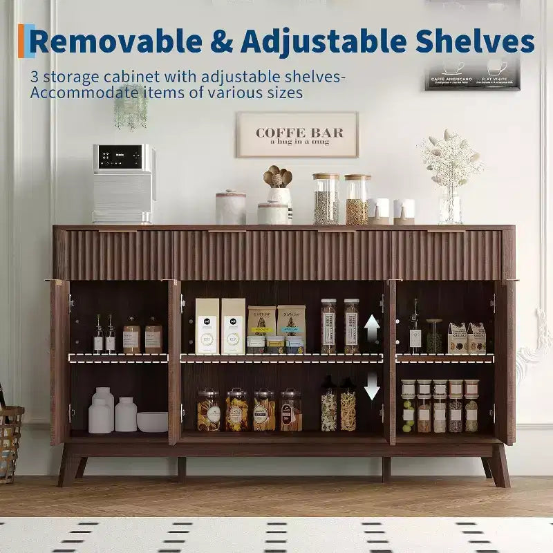 Credenza/Mobile Buffet Scanalato con 3 Cassetti e Ripiani Regolabili, Mobile Contenitore Moderno Porta TV Largo 152 cm per Soggiorno