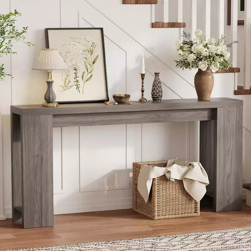 Tavolo consolle rustico 180 cm, in legno, stretto e rettangolare, da divano per ufficio e casa, facile da montare