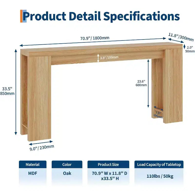 Tavolo consolle rustico 180 cm, in legno, stretto e rettangolare, da divano per ufficio e casa, facile da montare