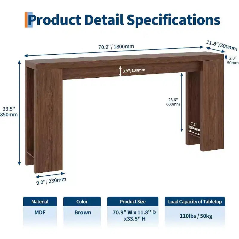 Farmhouse Console Table 70.9 Long Wooden Narrow Rectangular Sofa Side Table for Home Office Easy Assembly