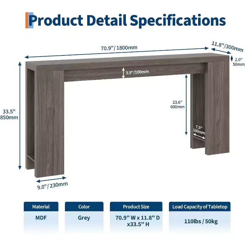 Tavolo consolle rustico 180 cm, in legno, stretto e rettangolare, da divano per ufficio e casa, facile da montare