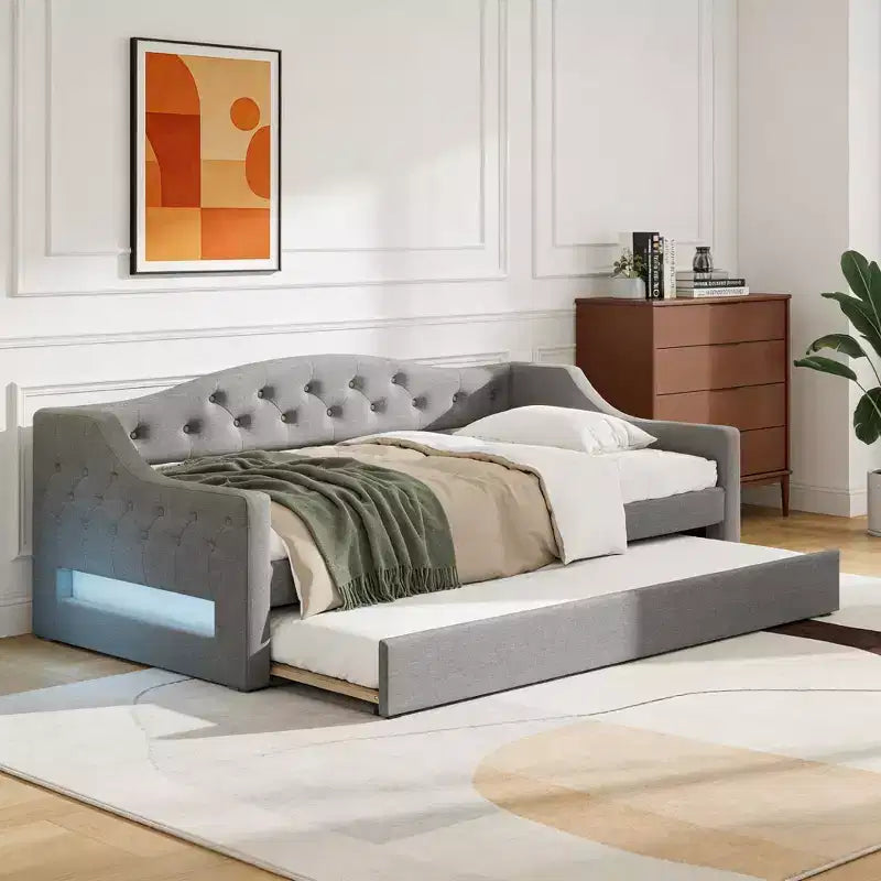 Divano letto moderno imbottito in lino con letto estraibile