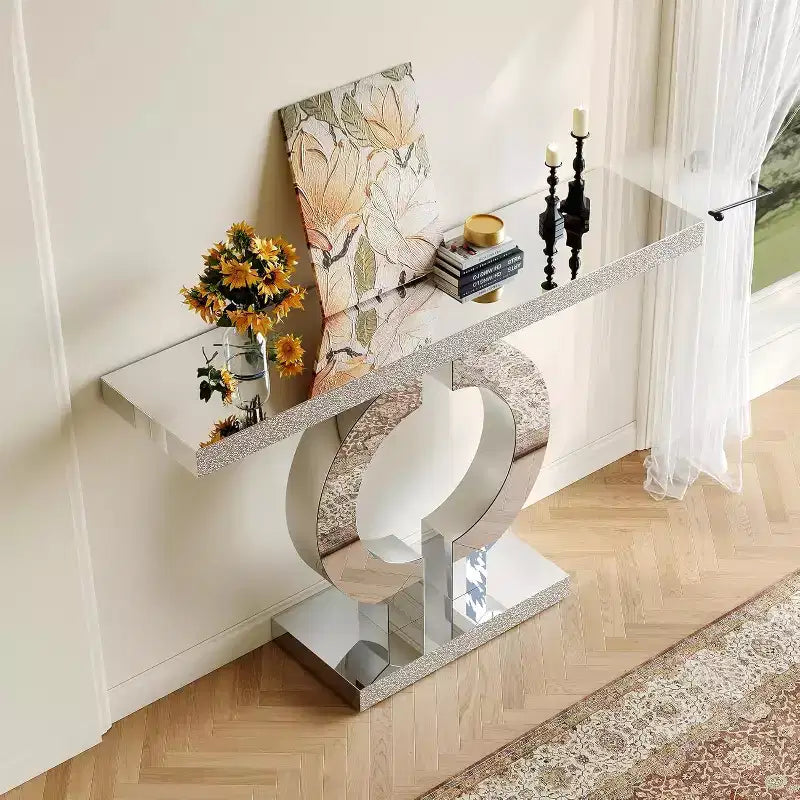 Consolle da 43 pollici a specchio con base a O, tavolo da ingresso in vetro e divano per soggiorno, corridoio, finitura a specchio