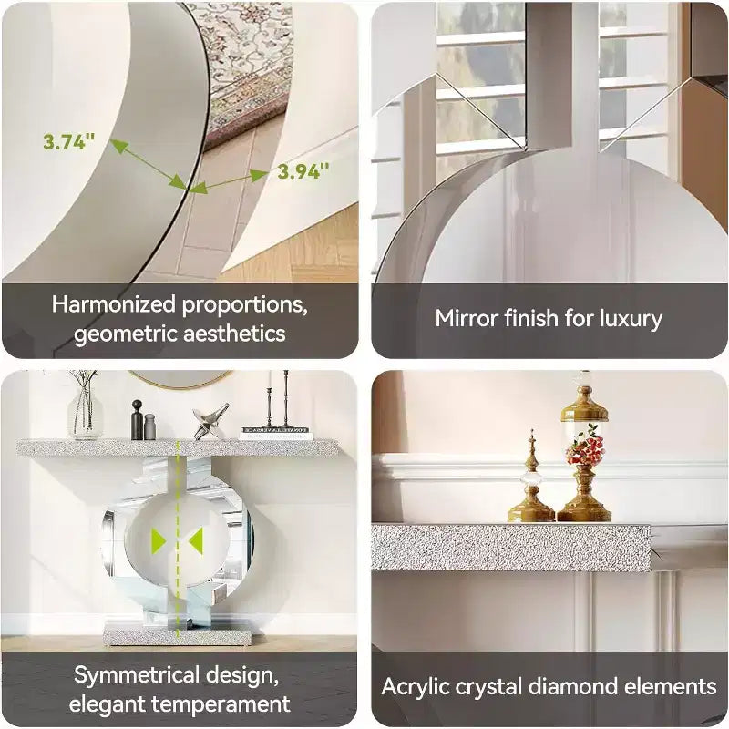 43-Inch Mirrored Console Table with O-Shaped Base, Glass Entryway and Sofa Table for Living Room, Hallway, Mirrored Finish