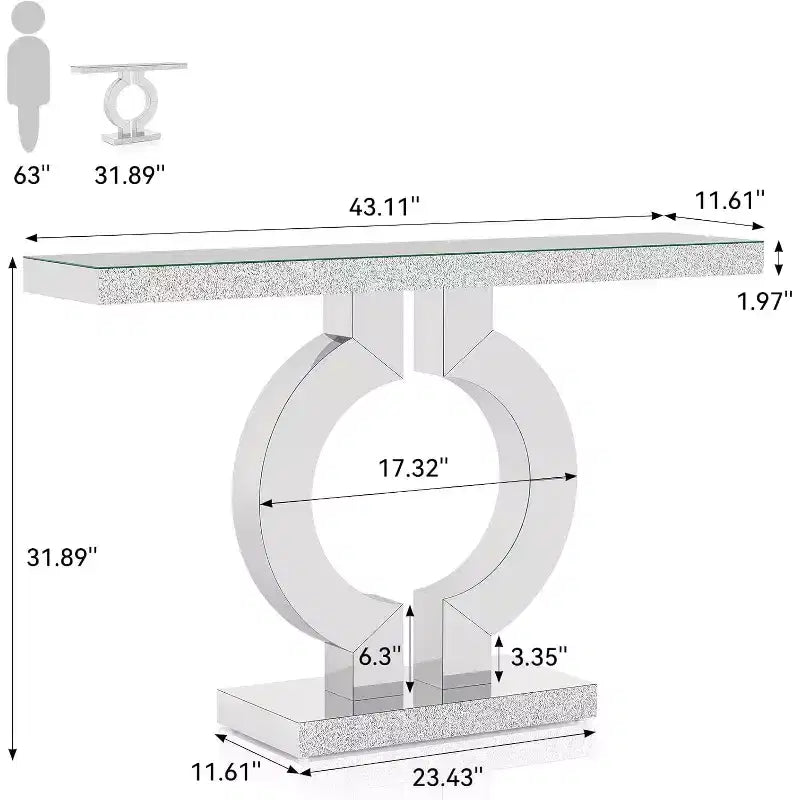 43-Inch Mirrored Console Table with O-Shaped Base, Glass Entryway and Sofa Table for Living Room, Hallway, Mirrored Finish
