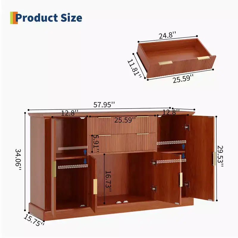 Credenza da 147 cm, mobiletto a buffet scanalato con 2 cassetti, mobile TV in legno, credenza decorativa per soggiorno, cucina, noce