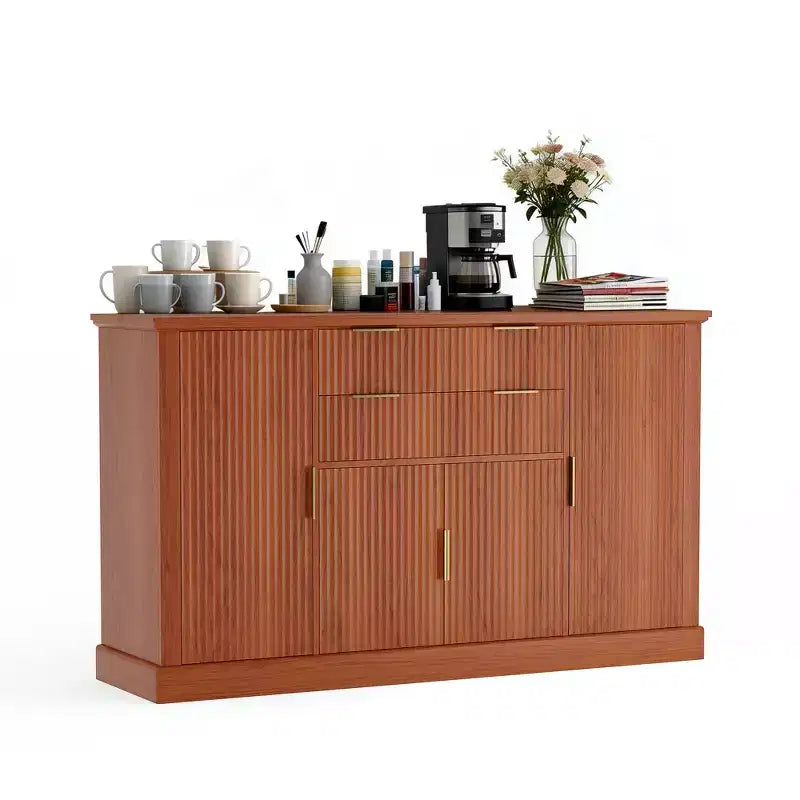 Credenza da 147 cm, mobiletto a buffet scanalato con 2 cassetti, mobile TV in legno, credenza decorativa per soggiorno, cucina, noce