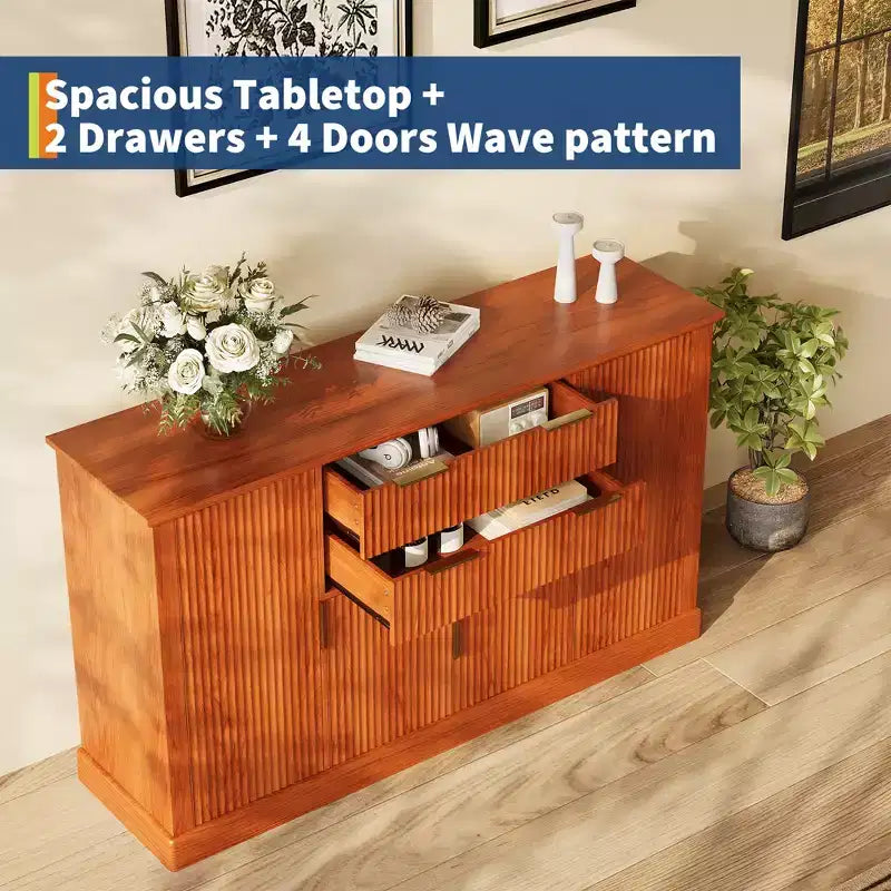 Credenza da 147 cm, mobiletto a buffet scanalato con 2 cassetti, mobile TV in legno, credenza decorativa per soggiorno, cucina, noce