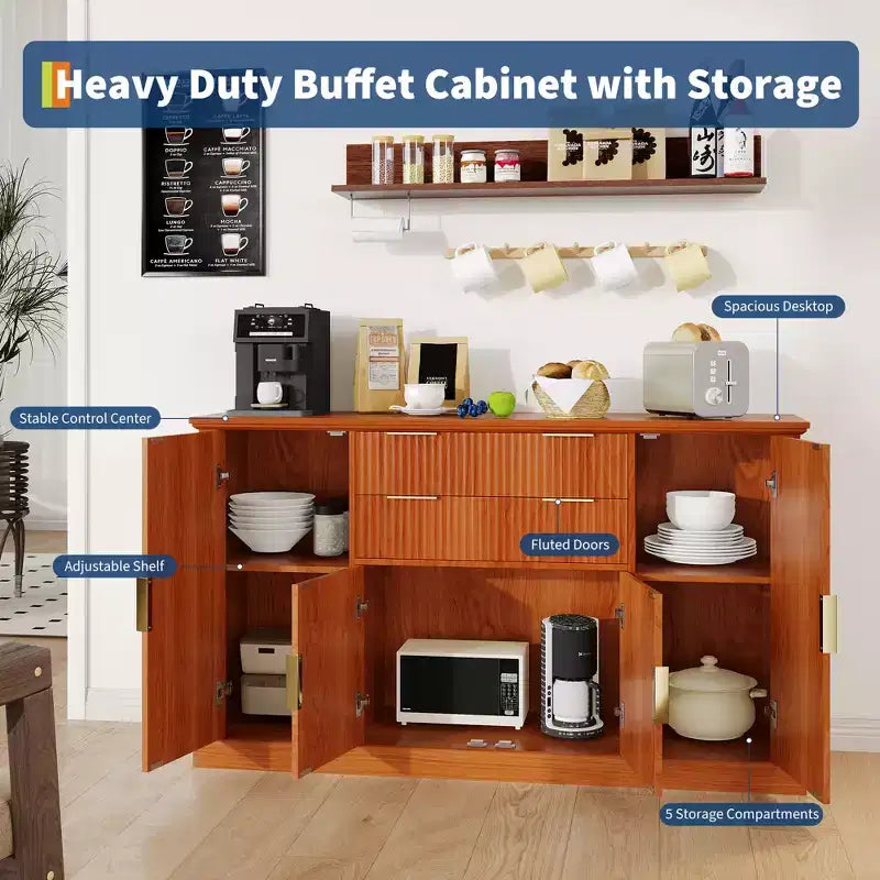 Credenza da 147 cm, mobiletto a buffet scanalato con 2 cassetti, mobile TV in legno, credenza decorativa per soggiorno, cucina, noce