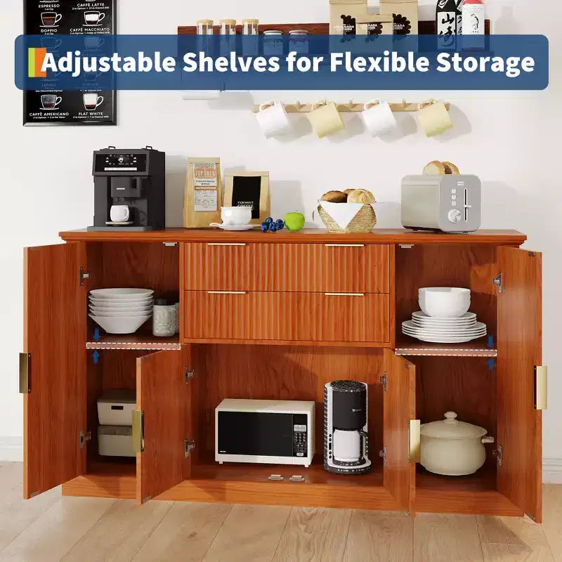 Credenza da 147 cm, mobiletto a buffet scanalato con 2 cassetti, mobile TV in legno, credenza decorativa per soggiorno, cucina, noce