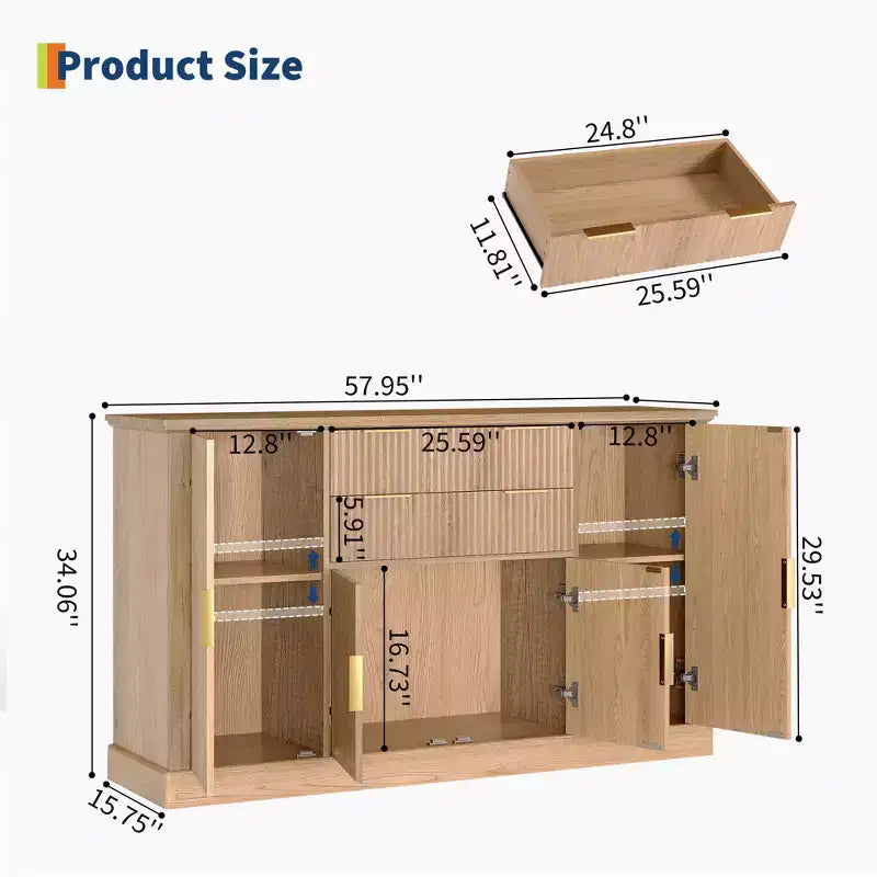 Credenza da 147 cm, mobiletto a buffet scanalato con 2 cassetti, mobile TV in legno, credenza decorativa per soggiorno, cucina, noce