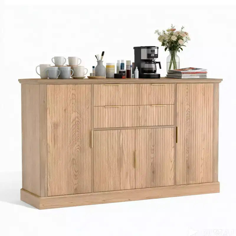 Credenza da 147 cm, mobiletto a buffet scanalato con 2 cassetti, mobile TV in legno, credenza decorativa per soggiorno, cucina, noce