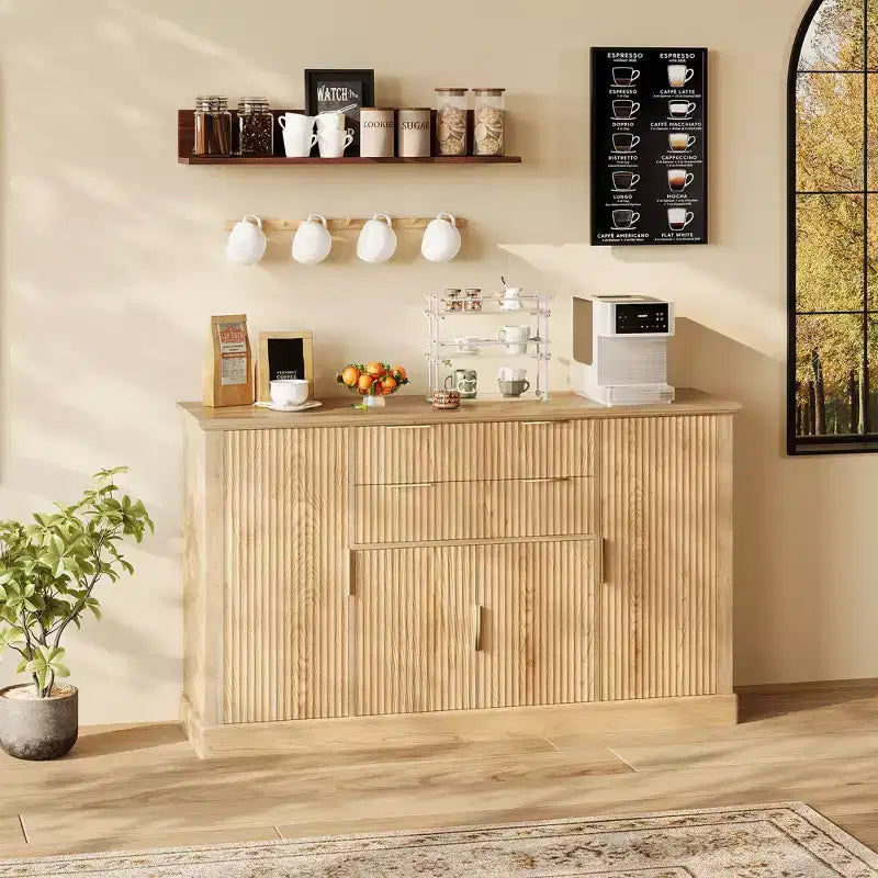 Credenza da 147 cm, mobiletto a buffet scanalato con 2 cassetti, mobile TV in legno, credenza decorativa per soggiorno, cucina, noce