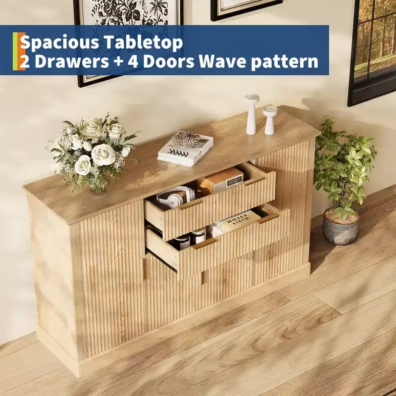 Credenza da 147 cm, mobiletto a buffet scanalato con 2 cassetti, mobile TV in legno, credenza decorativa per soggiorno, cucina, noce