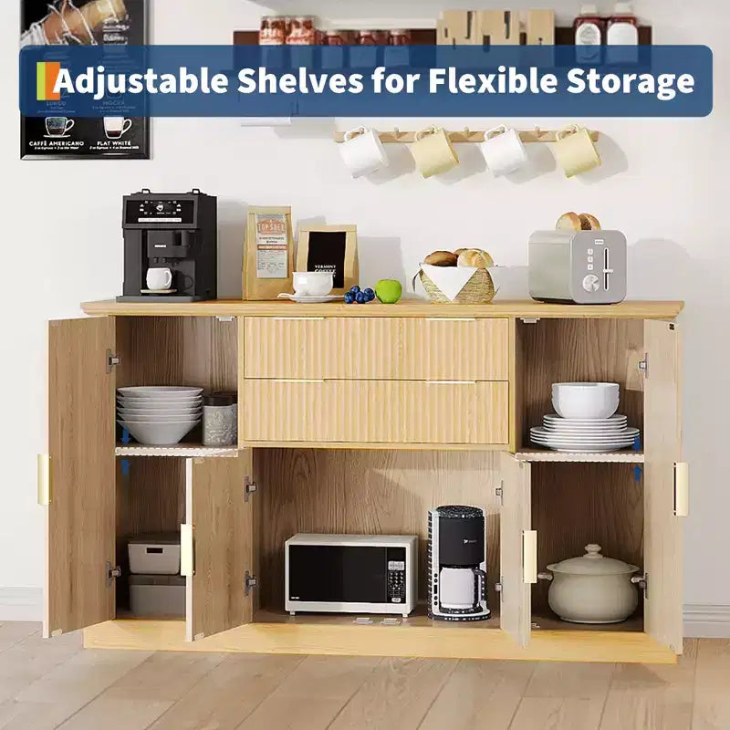 Credenza da 147 cm, mobiletto a buffet scanalato con 2 cassetti, mobile TV in legno, credenza decorativa per soggiorno, cucina, noce