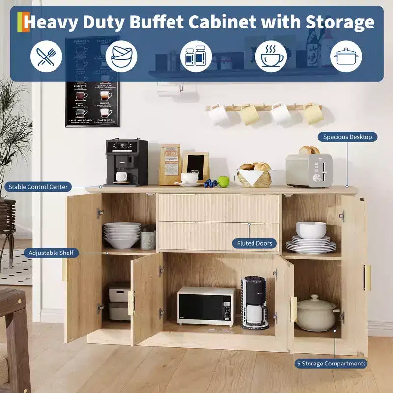 Credenza da 147 cm, mobiletto a buffet scanalato con 2 cassetti, mobile TV in legno, credenza decorativa per soggiorno, cucina, noce