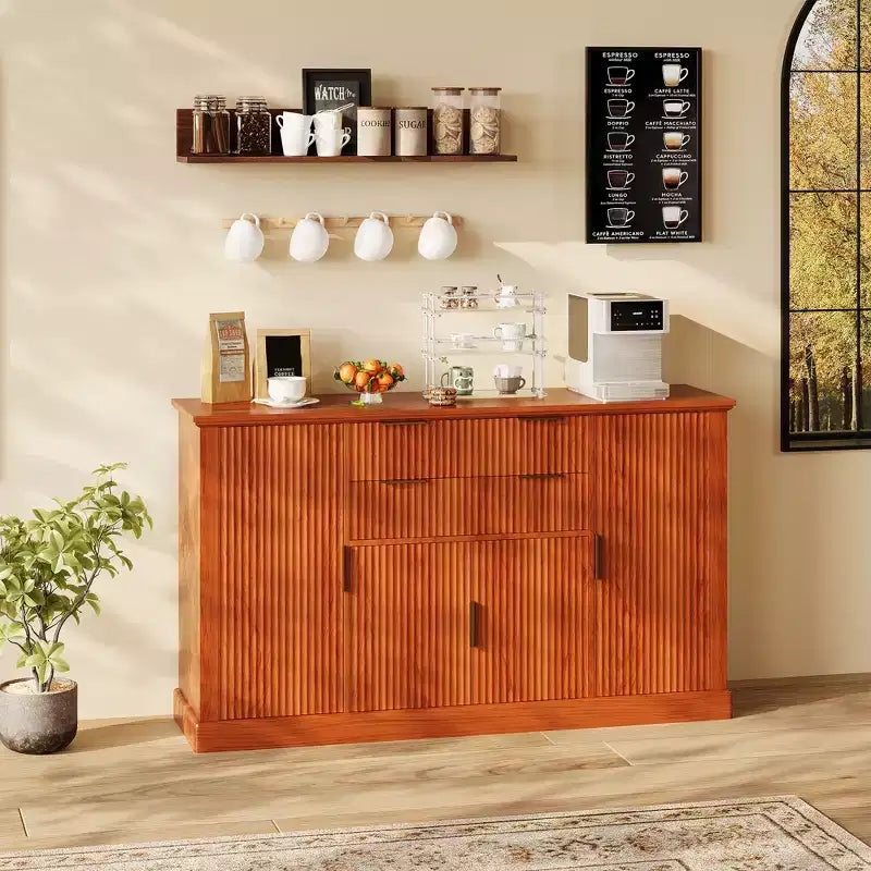 Credenza da 147 cm, mobiletto a buffet scanalato con 2 cassetti, mobile TV in legno, credenza decorativa per soggiorno, cucina, noce