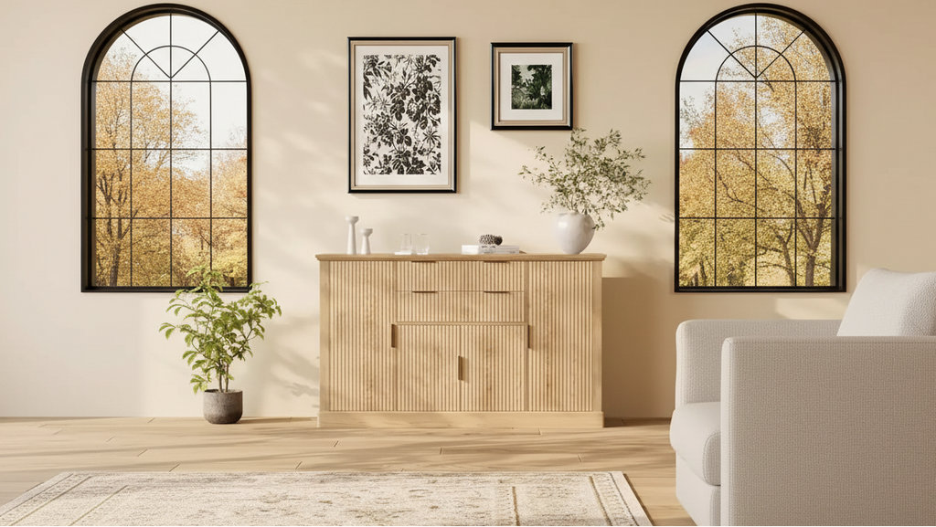 58 Sideboard Buffet Cabinet, Fluted Coffee Bar Cabinet with 2 Drawers, Wooden Media Console Table, Accent Credenza for Living Room, Kitchen, Walnut
