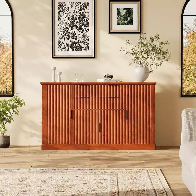 Credenza da 147 cm, mobiletto a buffet scanalato con 2 cassetti, mobile TV in legno, credenza decorativa per soggiorno, cucina, noce