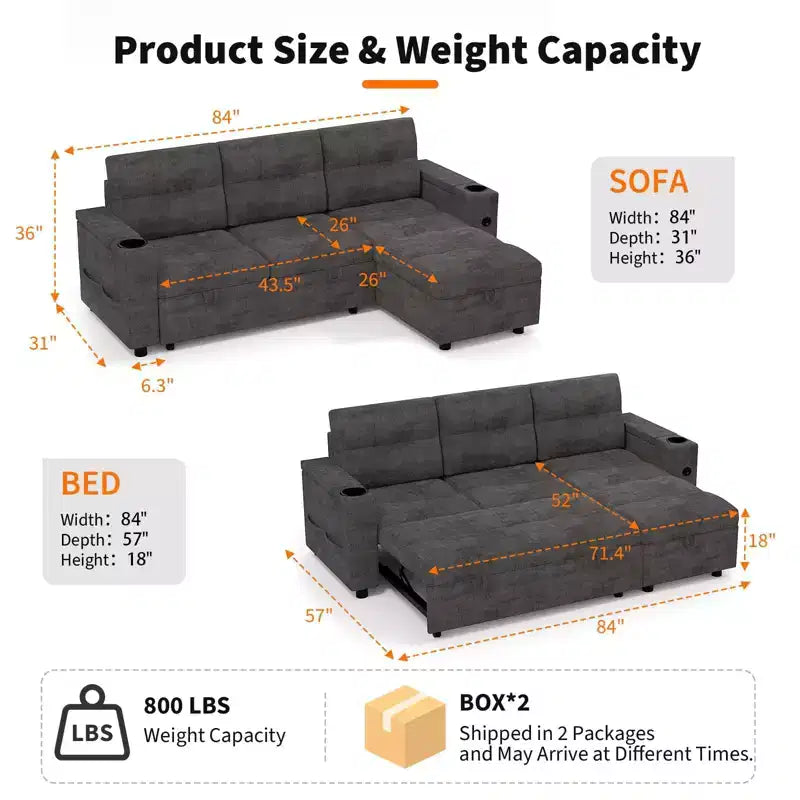 Divano letto angolare a L da 84 pollici con letto estraibile, chaise longue contenitore reversibile e portabicchieri per il soggiorno