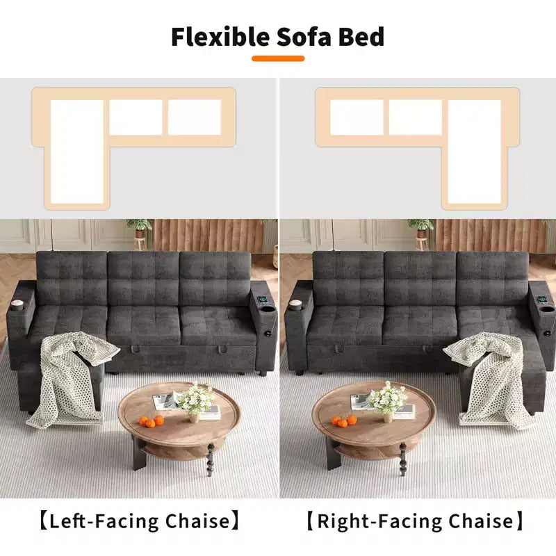 Divano letto angolare a L da 84 pollici con letto estraibile, chaise longue contenitore reversibile e portabicchieri per il soggiorno