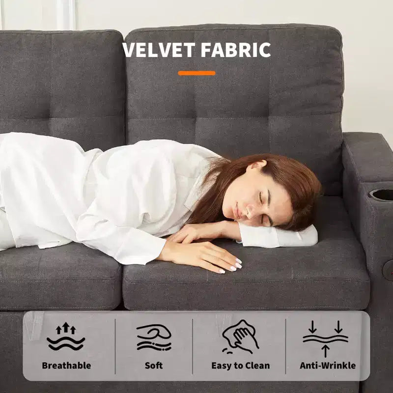 Divano letto angolare a L da 84 pollici con letto estraibile, chaise longue contenitore reversibile e portabicchieri per il soggiorno