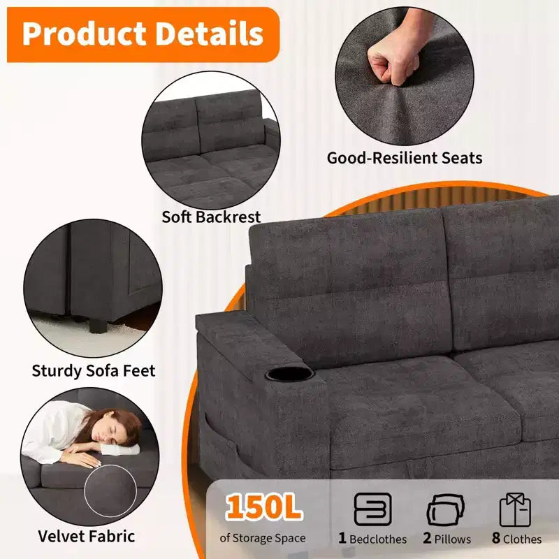 Divano letto angolare a L da 84 pollici con letto estraibile, chaise longue contenitore reversibile e portabicchieri per il soggiorno