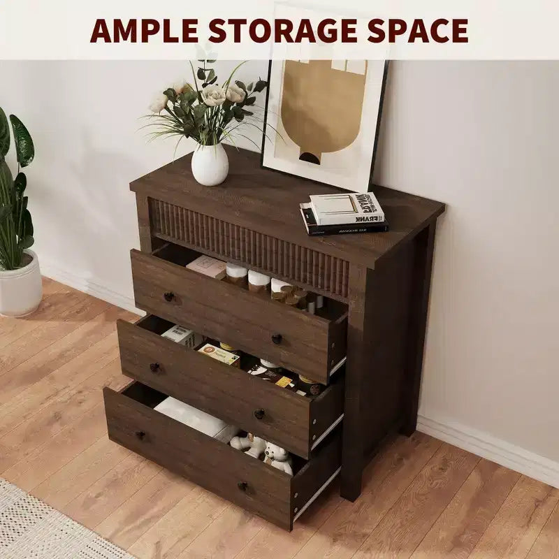 3-Drawer Dresser Nightstand, Wooden Fluted End Table for Bedroom, Brown Red