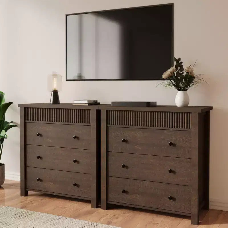 3-Drawer Dresser Nightstand, Wooden Fluted End Table for Bedroom, Brown Red