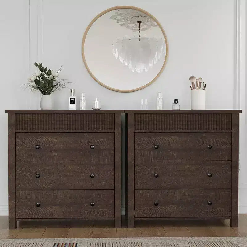 3-Drawer Dresser Nightstand, Wooden Fluted End Table for Bedroom, Brown Red
