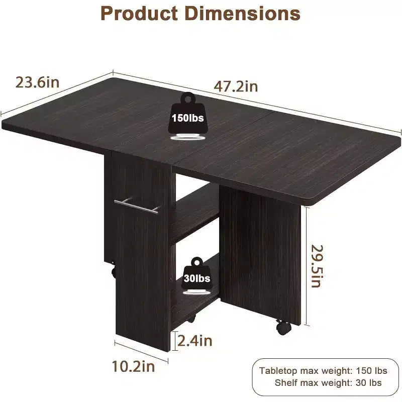 Folding Dining Table, Space Saving Farmhouse Dining Table for 4 Storage Shelf, 6 Wheels Multipose Expandable Kitchen Drop Leaf Table for Small Space